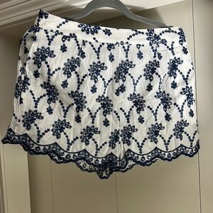 White and Blue Embroidered Lace Shorts